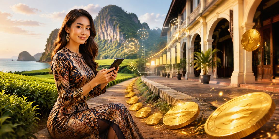 Bonus rebat di Ipoh dengan pemain berbaju batik memeriksa tawaran di telefon